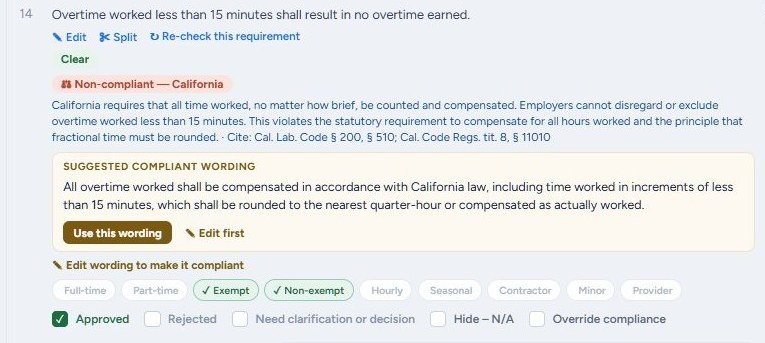 A requirement flagged non-compliant with California law, with suggested compliant wording
