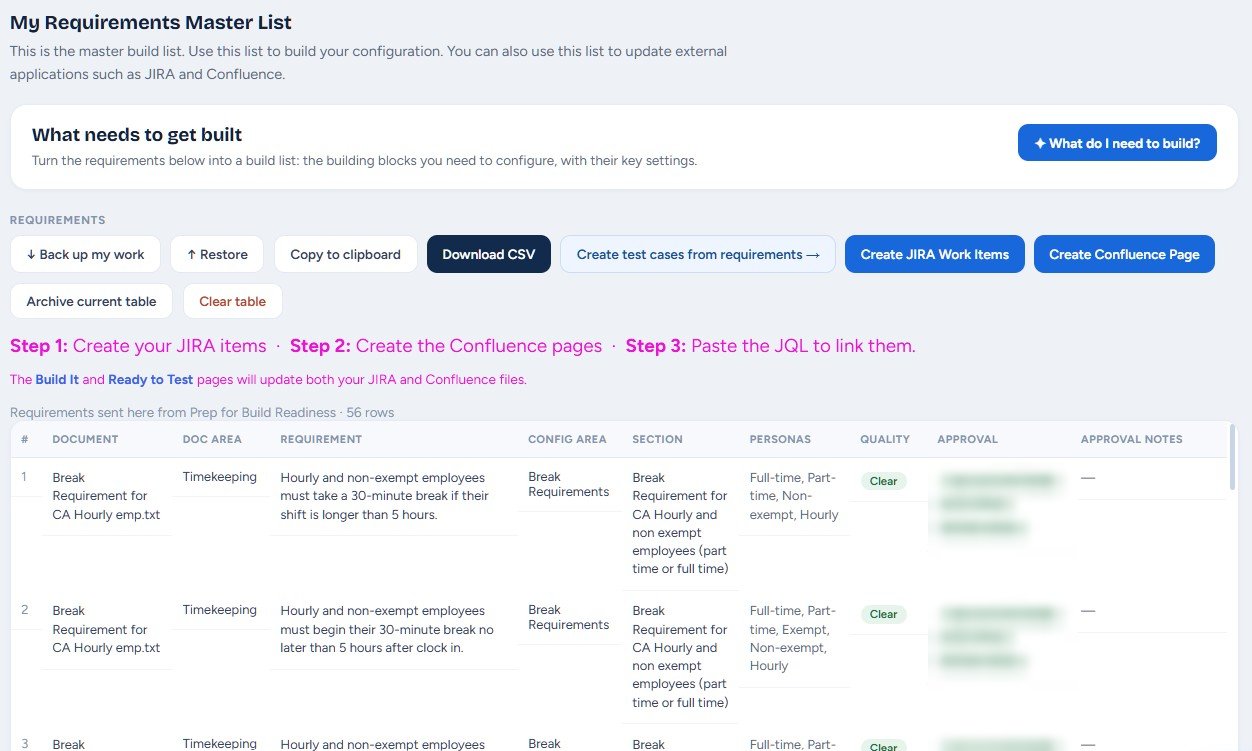 The requirements master list with Jira and Confluence export buttons