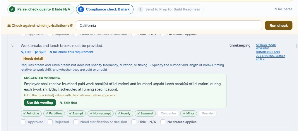 A vague break requirement marked Needs detail, with suggested wording and approval checkboxes