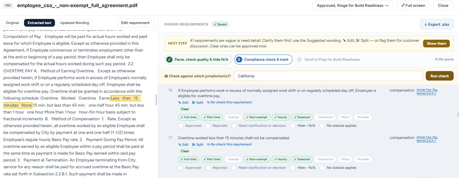 A source agreement with the selected clause highlighted, next to the requirements Tym parsed from it